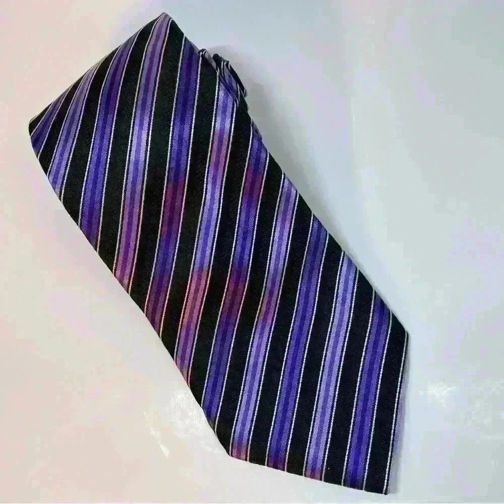SEAN JOHN Mens Silk Tie Purple - Black - Silver Striped Classic Necktie 60”